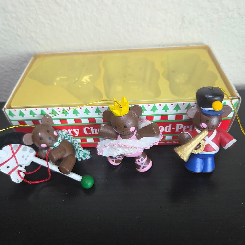 Vintage 1985 1980's R. Dakin & Co Beary Christmas Wood Pets 3 Piece Ornament Set